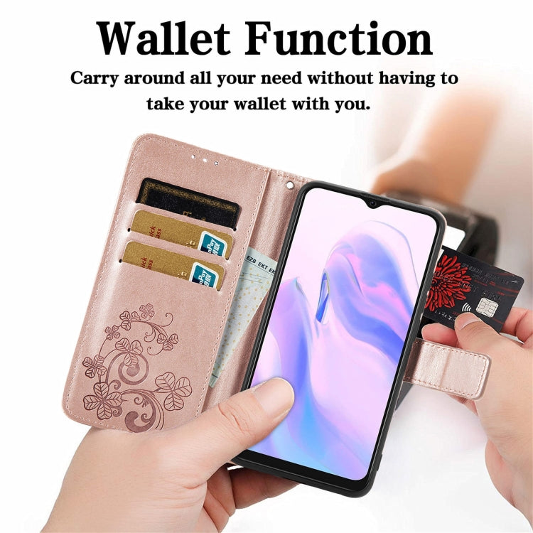 For Blackview A70 Four-leaf Clasp Embossed Buckle Mobile Phone Protection Leather Case with Lanyard & Card Slot & Wallet & Bracket Function