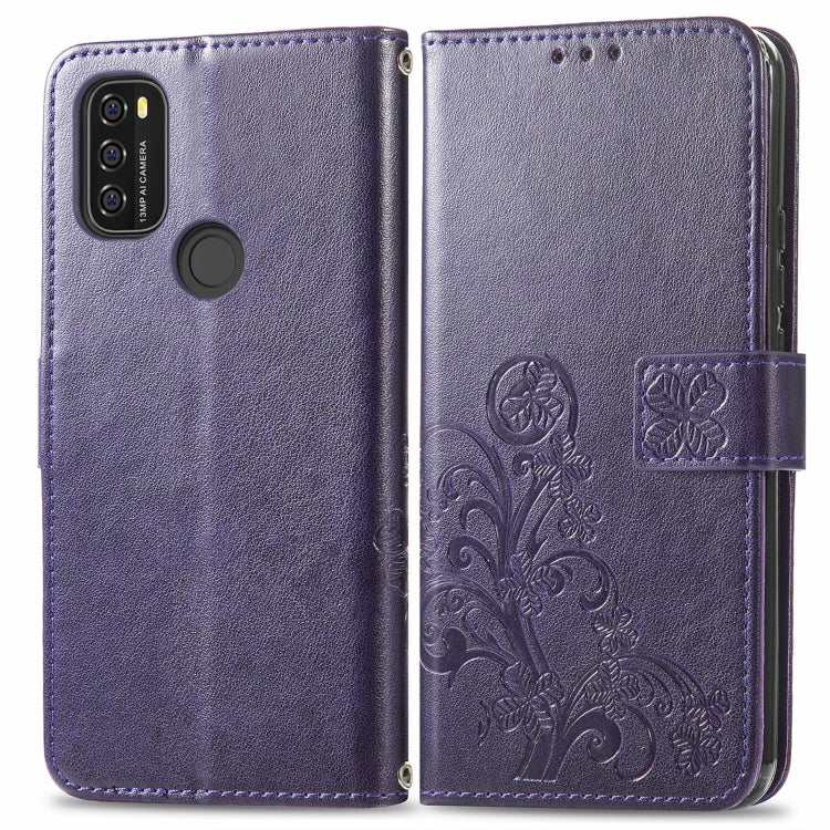 For Blackview A70 Four-leaf Clasp Embossed Buckle Mobile Phone Protection Leather Case with Lanyard & Card Slot & Wallet & Bracket Function