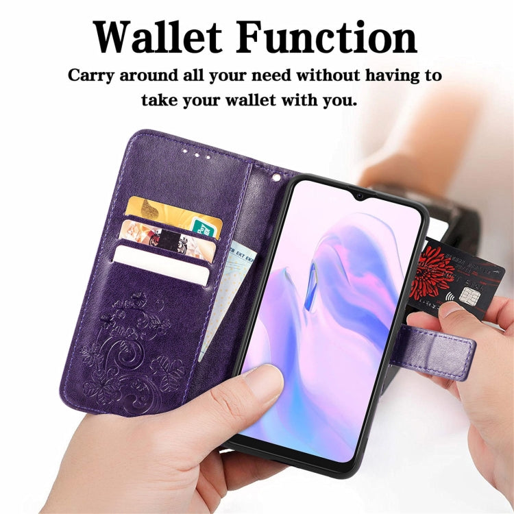 For Blackview A70 Four-leaf Clasp Embossed Buckle Mobile Phone Protection Leather Case with Lanyard & Card Slot & Wallet & Bracket Function