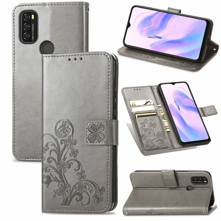 For Blackview A70 Four-leaf Clasp Embossed Buckle Mobile Phone Protection Leather Case with Lanyard & Card Slot & Wallet & Bracket Function