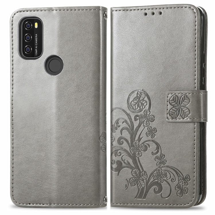 For Blackview A70 Four-leaf Clasp Embossed Buckle Mobile Phone Protection Leather Case with Lanyard & Card Slot & Wallet & Bracket Function