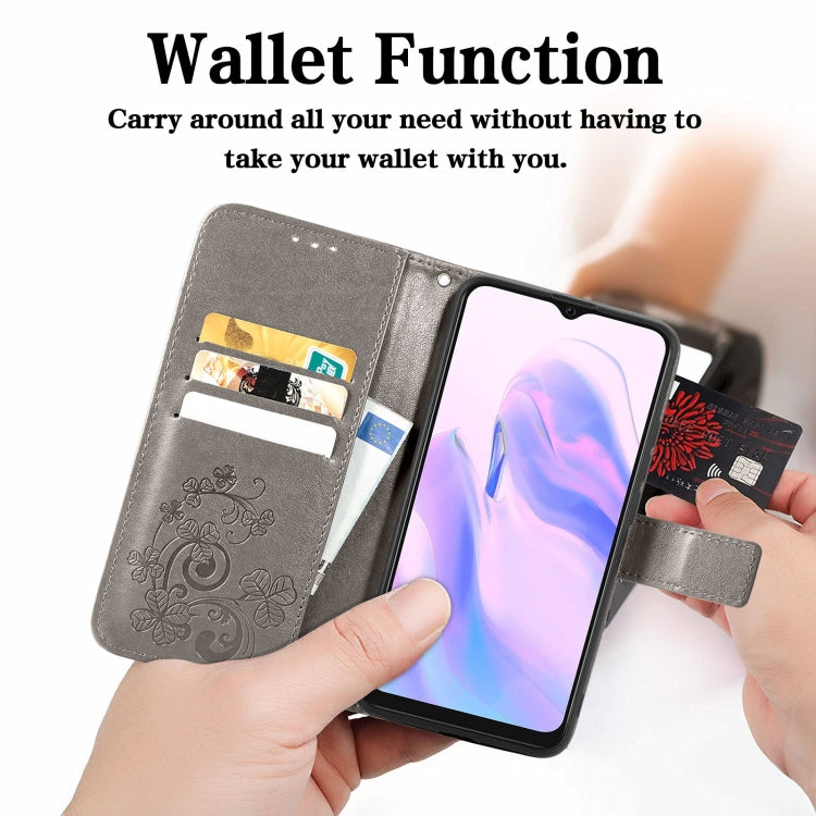 For Blackview A70 Four-leaf Clasp Embossed Buckle Mobile Phone Protection Leather Case with Lanyard & Card Slot & Wallet & Bracket Function