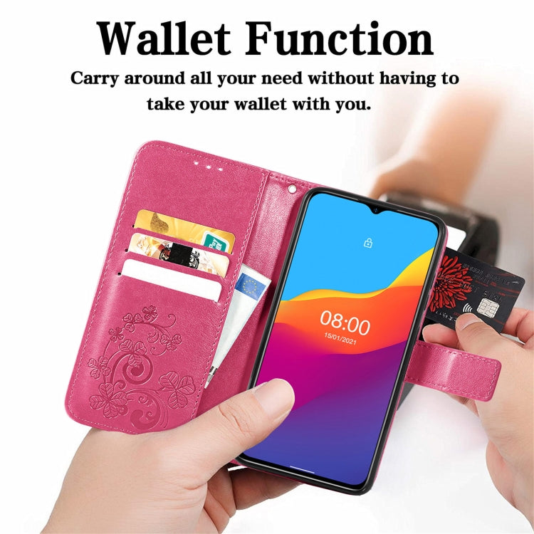 For Ulefone Note 10 Four-leaf Clasp Embossed Buckle Mobile Phone Protection Leather Case with Lanyard & Card Slot & Wallet & Bracket Function
