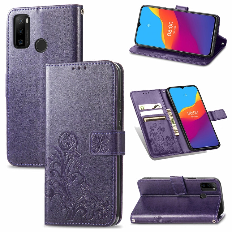 For Ulefone Note 10 Four-leaf Clasp Embossed Buckle Mobile Phone Protection Leather Case with Lanyard & Card Slot & Wallet & Bracket Function