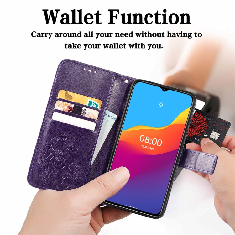 For Ulefone Note 10 Four-leaf Clasp Embossed Buckle Mobile Phone Protection Leather Case with Lanyard & Card Slot & Wallet & Bracket Function