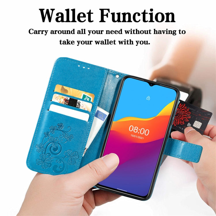 For Ulefone Note 10 Four-leaf Clasp Embossed Buckle Mobile Phone Protection Leather Case with Lanyard & Card Slot & Wallet & Bracket Function
