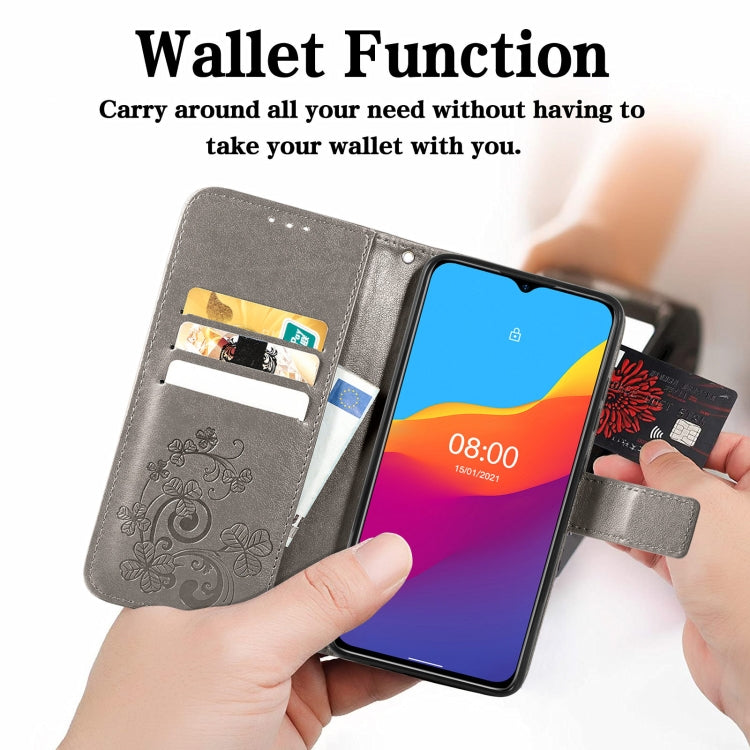 For Ulefone Note 10 Four-leaf Clasp Embossed Buckle Mobile Phone Protection Leather Case with Lanyard & Card Slot & Wallet & Bracket Function