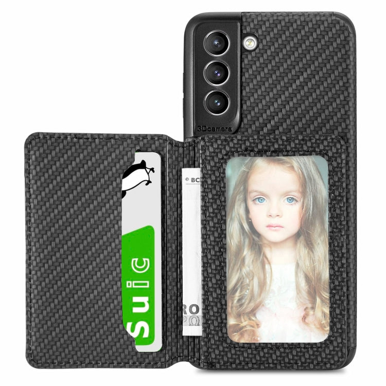 For Samsung Galaxy S21 5G Carbon Fiber Magnetic Card Bag TPU+PU Shockproof Back Cover Case with Holder & Card Slot & Photo Frame