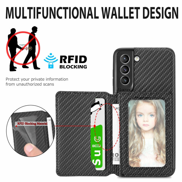 For Samsung Galaxy S21 5G Carbon Fiber Magnetic Card Bag TPU+PU Shockproof Back Cover Case with Holder & Card Slot & Photo Frame