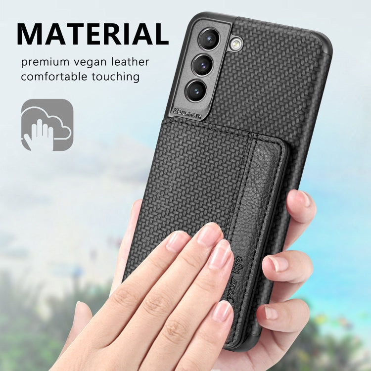 For Samsung Galaxy S21 5G Carbon Fiber Magnetic Card Bag TPU+PU Shockproof Back Cover Case with Holder & Card Slot & Photo Frame