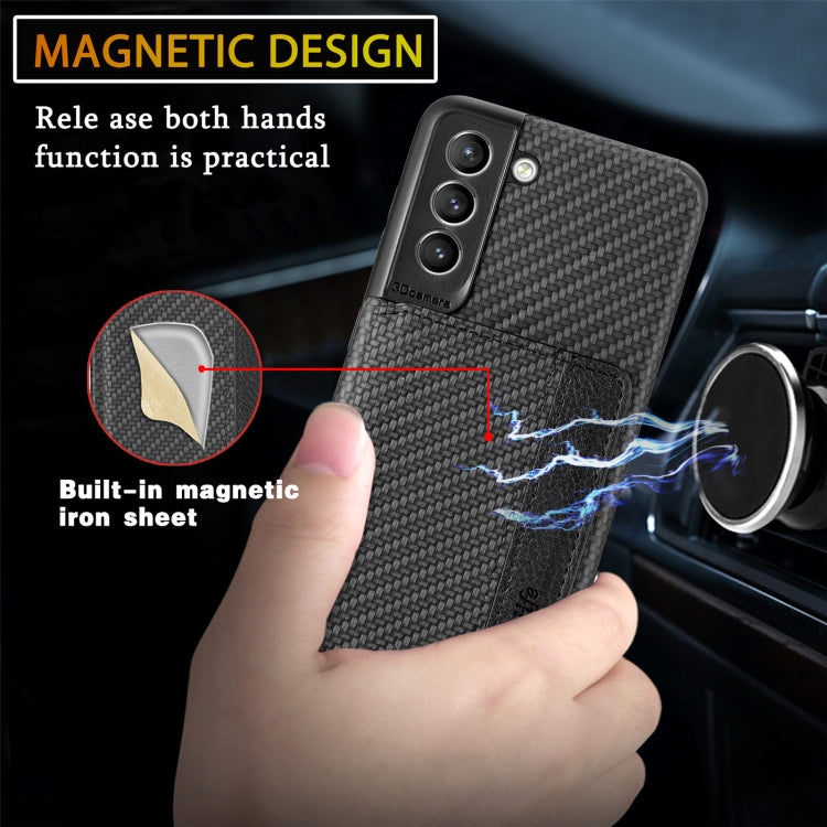 For Samsung Galaxy S21 5G Carbon Fiber Magnetic Card Bag TPU+PU Shockproof Back Cover Case with Holder & Card Slot & Photo Frame