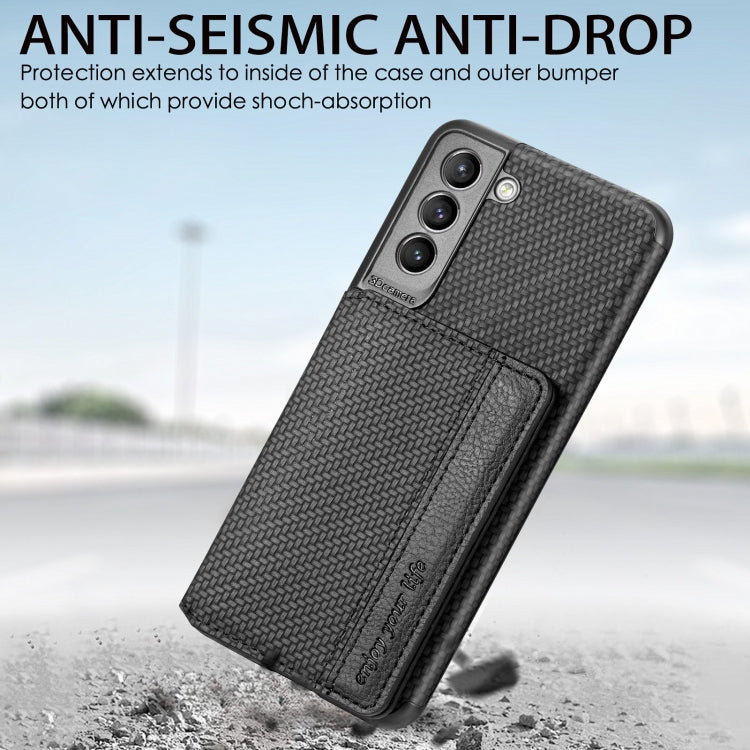 For Samsung Galaxy S21 5G Carbon Fiber Magnetic Card Bag TPU+PU Shockproof Back Cover Case with Holder & Card Slot & Photo Frame