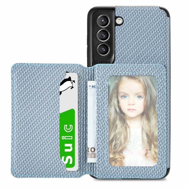 For Samsung Galaxy S21 5G Carbon Fiber Magnetic Card Bag TPU+PU Shockproof Back Cover Case with Holder & Card Slot & Photo Frame