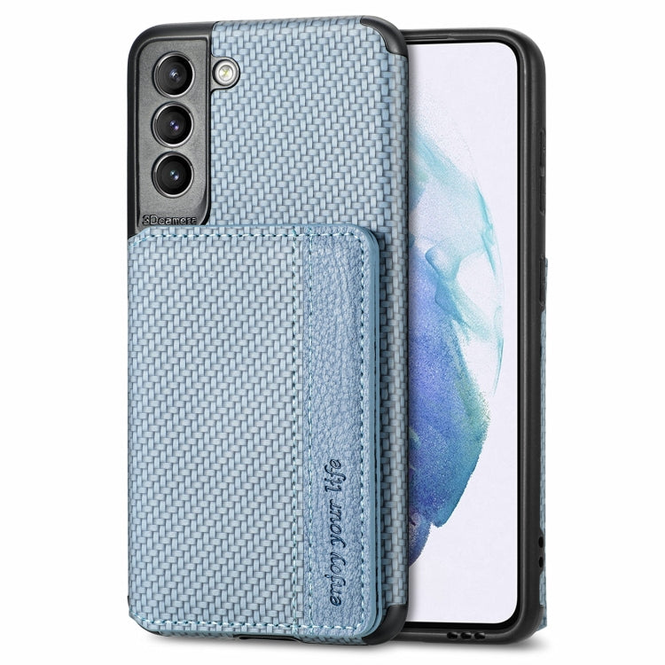 For Samsung Galaxy S21 5G Carbon Fiber Magnetic Card Bag TPU+PU Shockproof Back Cover Case with Holder & Card Slot & Photo Frame