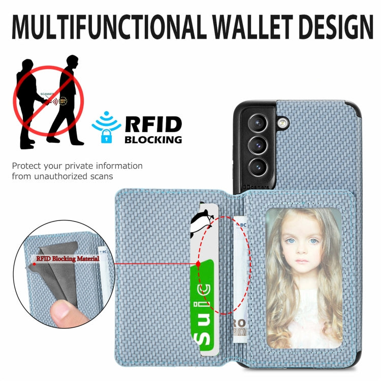 For Samsung Galaxy S21 5G Carbon Fiber Magnetic Card Bag TPU+PU Shockproof Back Cover Case with Holder & Card Slot & Photo Frame