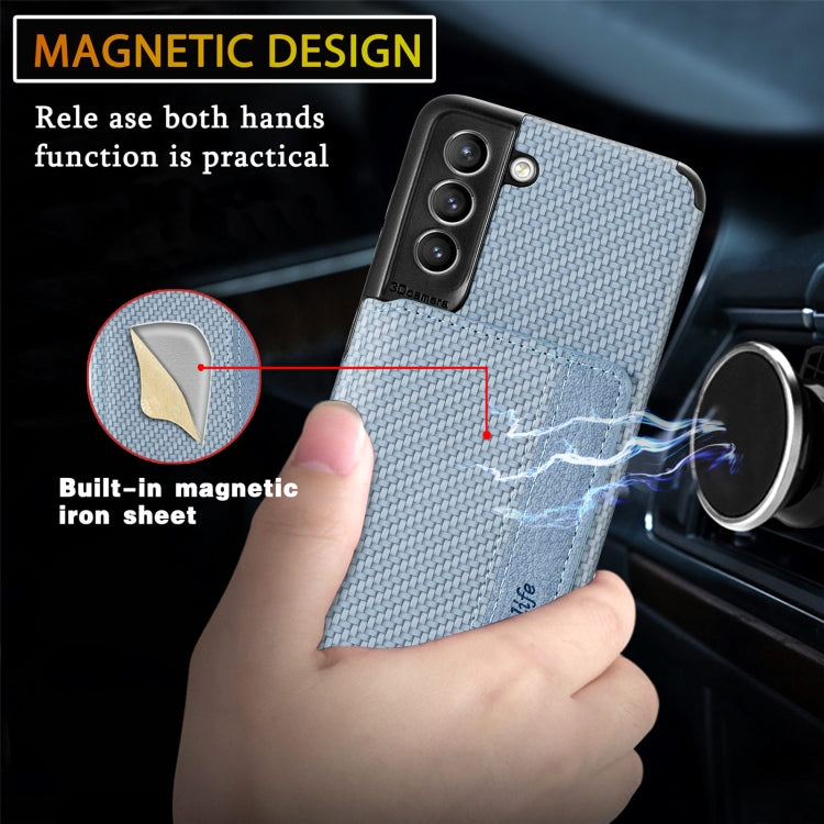 For Samsung Galaxy S21 5G Carbon Fiber Magnetic Card Bag TPU+PU Shockproof Back Cover Case with Holder & Card Slot & Photo Frame