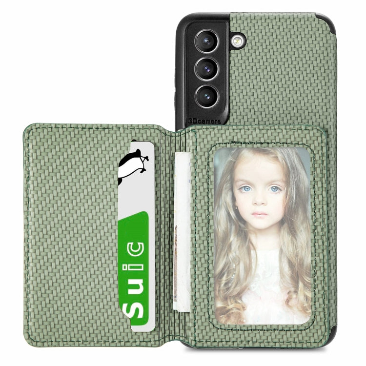 For Samsung Galaxy S21 5G Carbon Fiber Magnetic Card Bag TPU+PU Shockproof Back Cover Case with Holder & Card Slot & Photo Frame