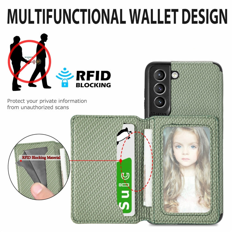 For Samsung Galaxy S21 5G Carbon Fiber Magnetic Card Bag TPU+PU Shockproof Back Cover Case with Holder & Card Slot & Photo Frame