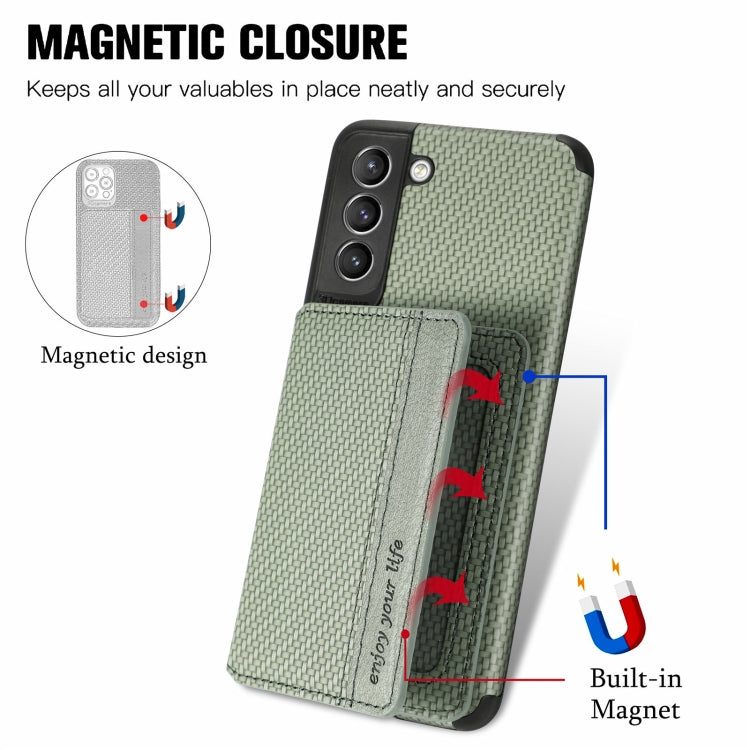 For Samsung Galaxy S21 5G Carbon Fiber Magnetic Card Bag TPU+PU Shockproof Back Cover Case with Holder & Card Slot & Photo Frame