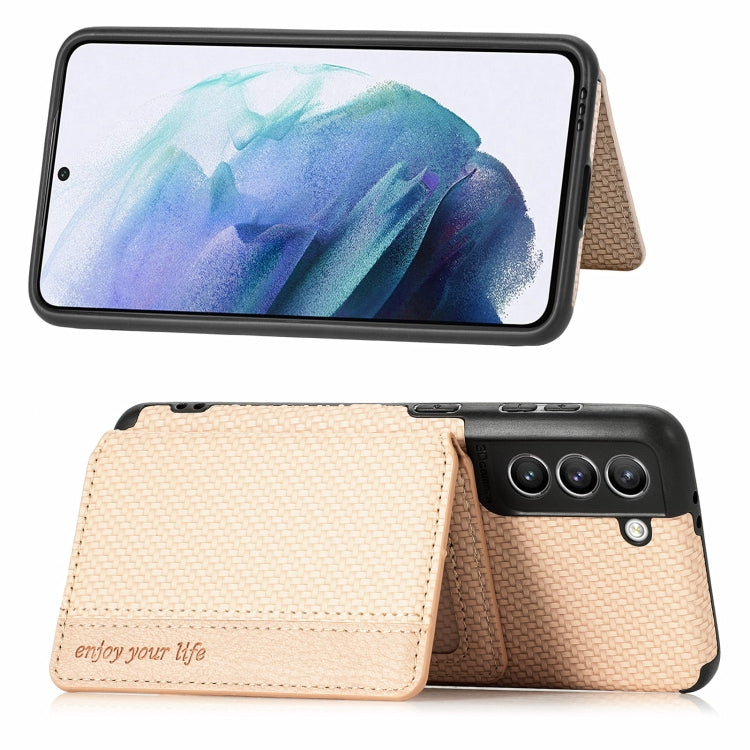 For Samsung Galaxy S21 5G Carbon Fiber Magnetic Card Bag TPU+PU Shockproof Back Cover Case with Holder & Card Slot & Photo Frame