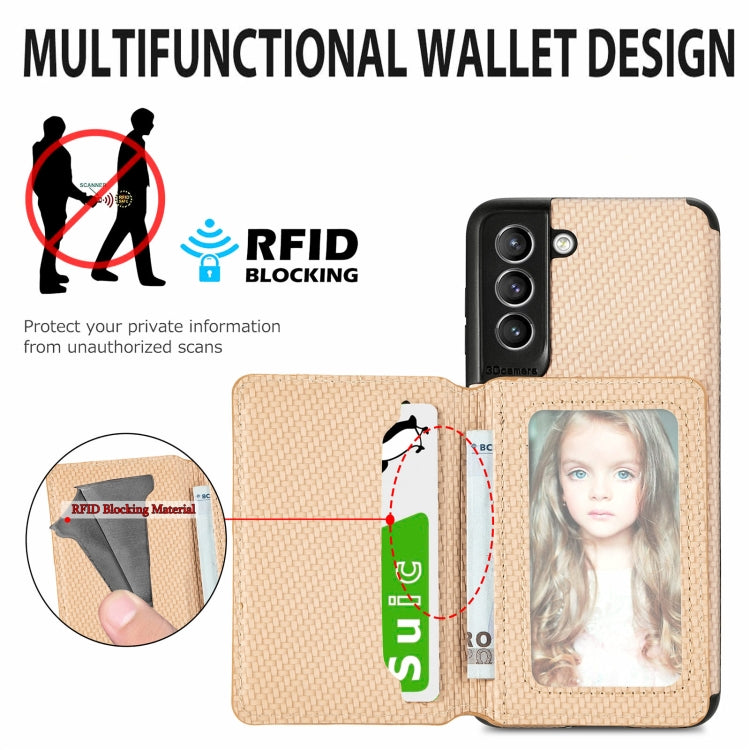 For Samsung Galaxy S21 5G Carbon Fiber Magnetic Card Bag TPU+PU Shockproof Back Cover Case with Holder & Card Slot & Photo Frame