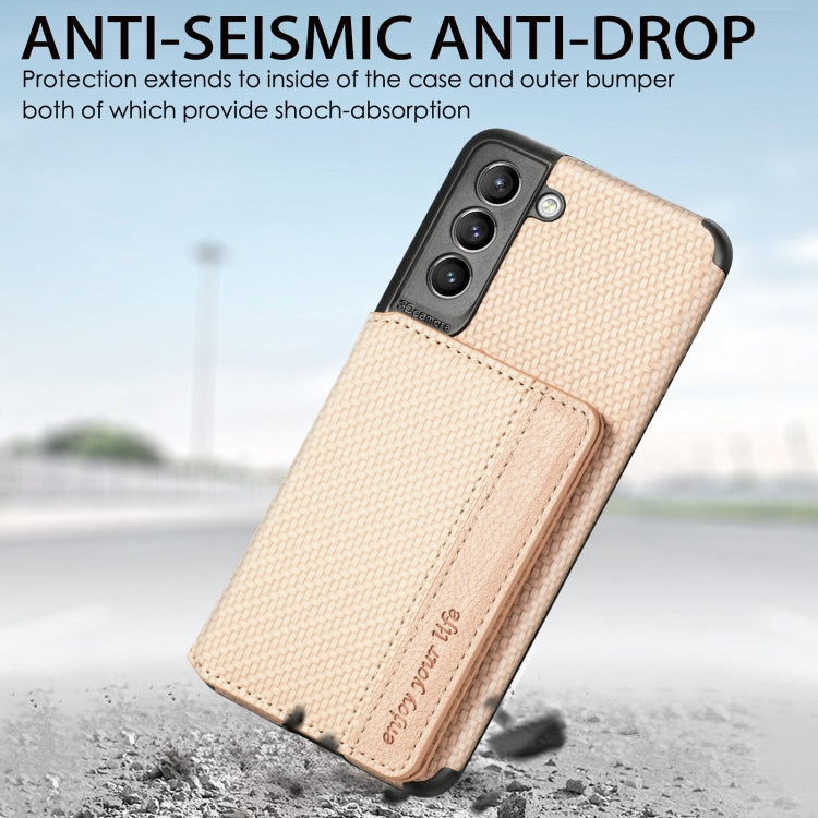 For Samsung Galaxy S21 5G Carbon Fiber Magnetic Card Bag TPU+PU Shockproof Back Cover Case with Holder & Card Slot & Photo Frame