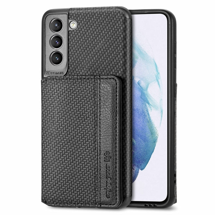 For Samsung Galaxy S21+ 5G Carbon Fiber Magnetic Card Bag TPU+PU Shockproof Back Cover Case with Holder & Card Slot & Photo Frame