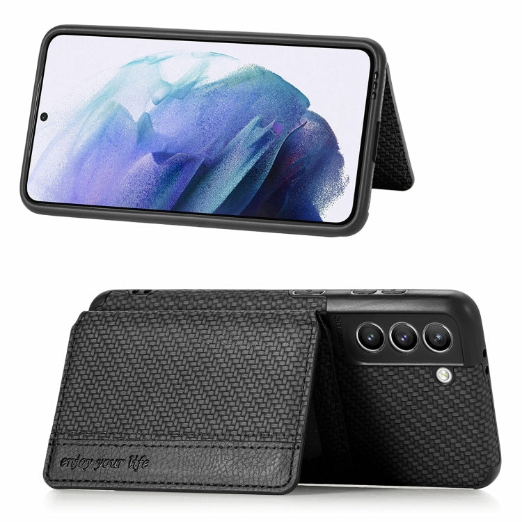 For Samsung Galaxy S21+ 5G Carbon Fiber Magnetic Card Bag TPU+PU Shockproof Back Cover Case with Holder & Card Slot & Photo Frame