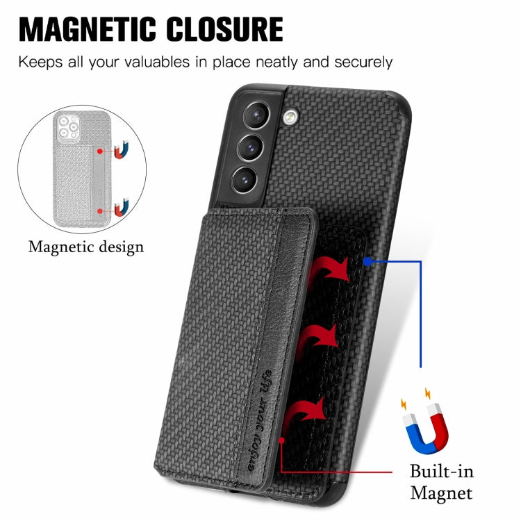 For Samsung Galaxy S21+ 5G Carbon Fiber Magnetic Card Bag TPU+PU Shockproof Back Cover Case with Holder & Card Slot & Photo Frame