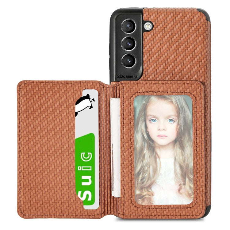 For Samsung Galaxy S21+ 5G Carbon Fiber Magnetic Card Bag TPU+PU Shockproof Back Cover Case with Holder & Card Slot & Photo Frame