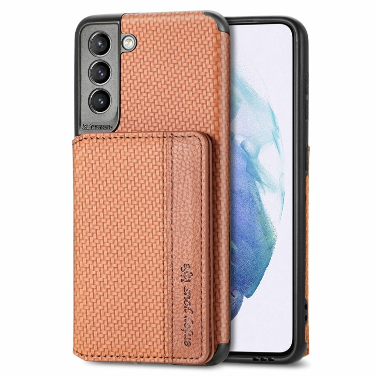 For Samsung Galaxy S21+ 5G Carbon Fiber Magnetic Card Bag TPU+PU Shockproof Back Cover Case with Holder & Card Slot & Photo Frame