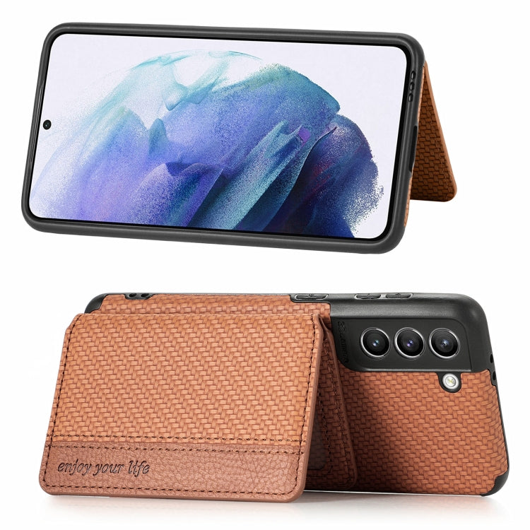 For Samsung Galaxy S21+ 5G Carbon Fiber Magnetic Card Bag TPU+PU Shockproof Back Cover Case with Holder & Card Slot & Photo Frame