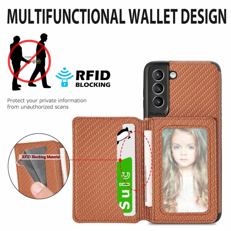 For Samsung Galaxy S21+ 5G Carbon Fiber Magnetic Card Bag TPU+PU Shockproof Back Cover Case with Holder & Card Slot & Photo Frame