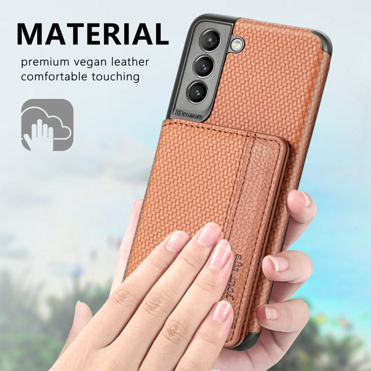 For Samsung Galaxy S21+ 5G Carbon Fiber Magnetic Card Bag TPU+PU Shockproof Back Cover Case with Holder & Card Slot & Photo Frame