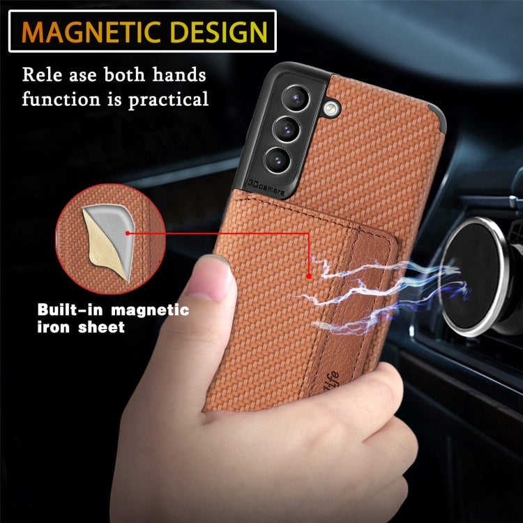 For Samsung Galaxy S21+ 5G Carbon Fiber Magnetic Card Bag TPU+PU Shockproof Back Cover Case with Holder & Card Slot & Photo Frame