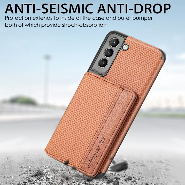 For Samsung Galaxy S21+ 5G Carbon Fiber Magnetic Card Bag TPU+PU Shockproof Back Cover Case with Holder & Card Slot & Photo Frame