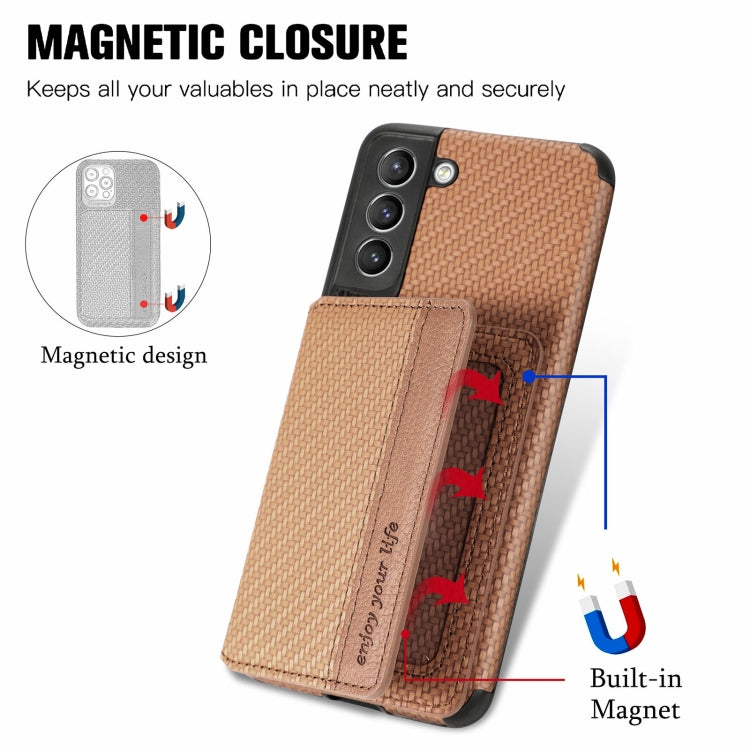 For Samsung Galaxy S21+ 5G Carbon Fiber Magnetic Card Bag TPU+PU Shockproof Back Cover Case with Holder & Card Slot & Photo Frame