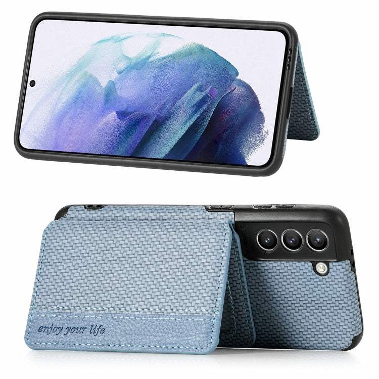 For Samsung Galaxy S21+ 5G Carbon Fiber Magnetic Card Bag TPU+PU Shockproof Back Cover Case with Holder & Card Slot & Photo Frame