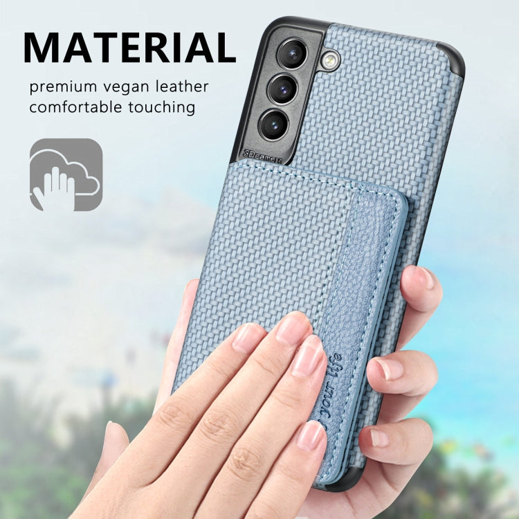 For Samsung Galaxy S21+ 5G Carbon Fiber Magnetic Card Bag TPU+PU Shockproof Back Cover Case with Holder & Card Slot & Photo Frame