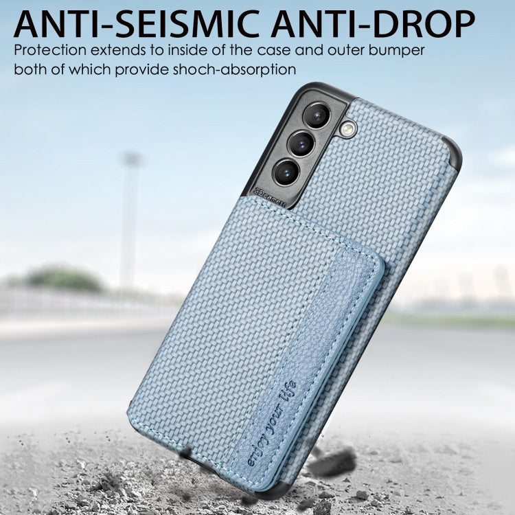 For Samsung Galaxy S21+ 5G Carbon Fiber Magnetic Card Bag TPU+PU Shockproof Back Cover Case with Holder & Card Slot & Photo Frame