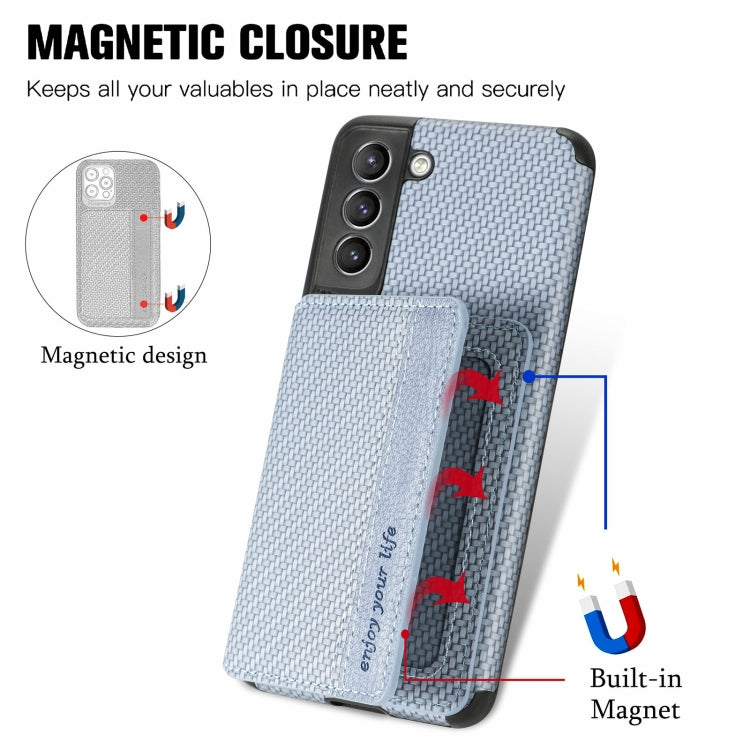 For Samsung Galaxy S21+ 5G Carbon Fiber Magnetic Card Bag TPU+PU Shockproof Back Cover Case with Holder & Card Slot & Photo Frame