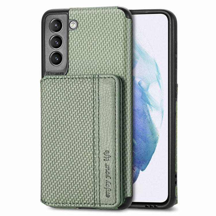 For Samsung Galaxy S21+ 5G Carbon Fiber Magnetic Card Bag TPU+PU Shockproof Back Cover Case with Holder & Card Slot & Photo Frame
