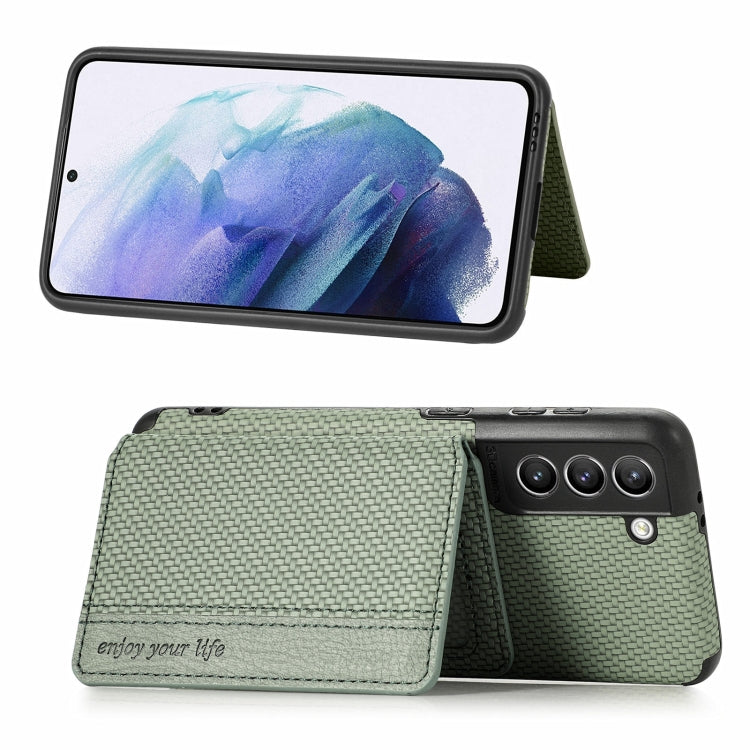 For Samsung Galaxy S21+ 5G Carbon Fiber Magnetic Card Bag TPU+PU Shockproof Back Cover Case with Holder & Card Slot & Photo Frame