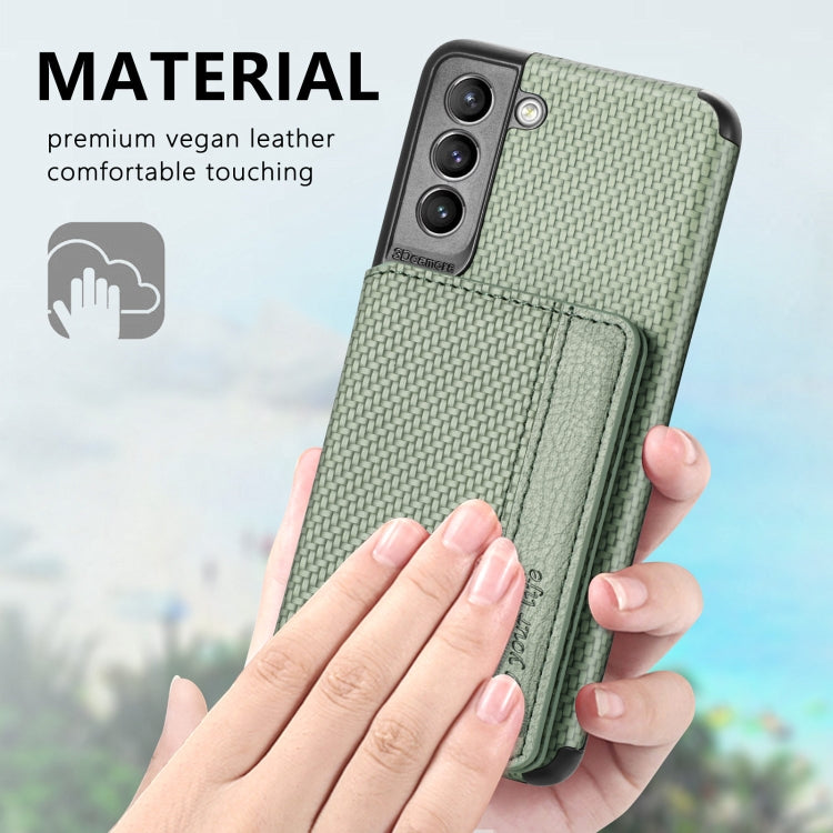 For Samsung Galaxy S21+ 5G Carbon Fiber Magnetic Card Bag TPU+PU Shockproof Back Cover Case with Holder & Card Slot & Photo Frame