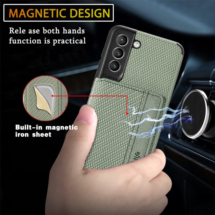 For Samsung Galaxy S21+ 5G Carbon Fiber Magnetic Card Bag TPU+PU Shockproof Back Cover Case with Holder & Card Slot & Photo Frame