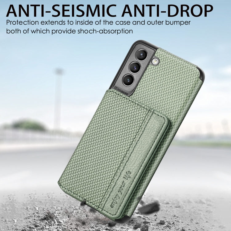 For Samsung Galaxy S21+ 5G Carbon Fiber Magnetic Card Bag TPU+PU Shockproof Back Cover Case with Holder & Card Slot & Photo Frame
