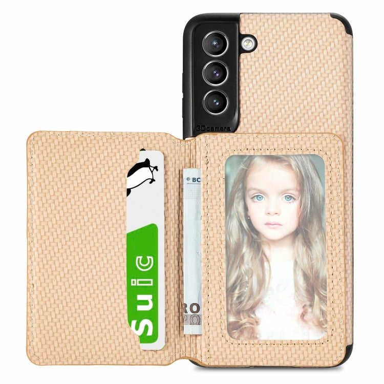 For Samsung Galaxy S21+ 5G Carbon Fiber Magnetic Card Bag TPU+PU Shockproof Back Cover Case with Holder & Card Slot & Photo Frame
