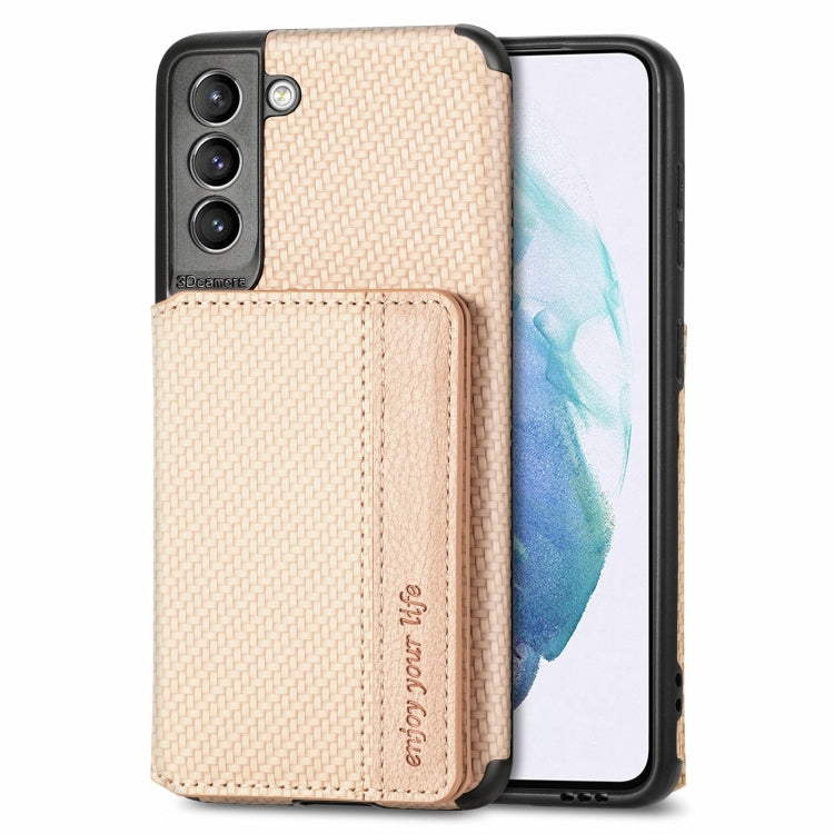 For Samsung Galaxy S21+ 5G Carbon Fiber Magnetic Card Bag TPU+PU Shockproof Back Cover Case with Holder & Card Slot & Photo Frame