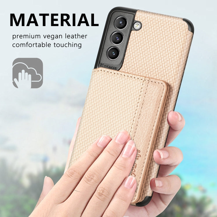For Samsung Galaxy S21+ 5G Carbon Fiber Magnetic Card Bag TPU+PU Shockproof Back Cover Case with Holder & Card Slot & Photo Frame