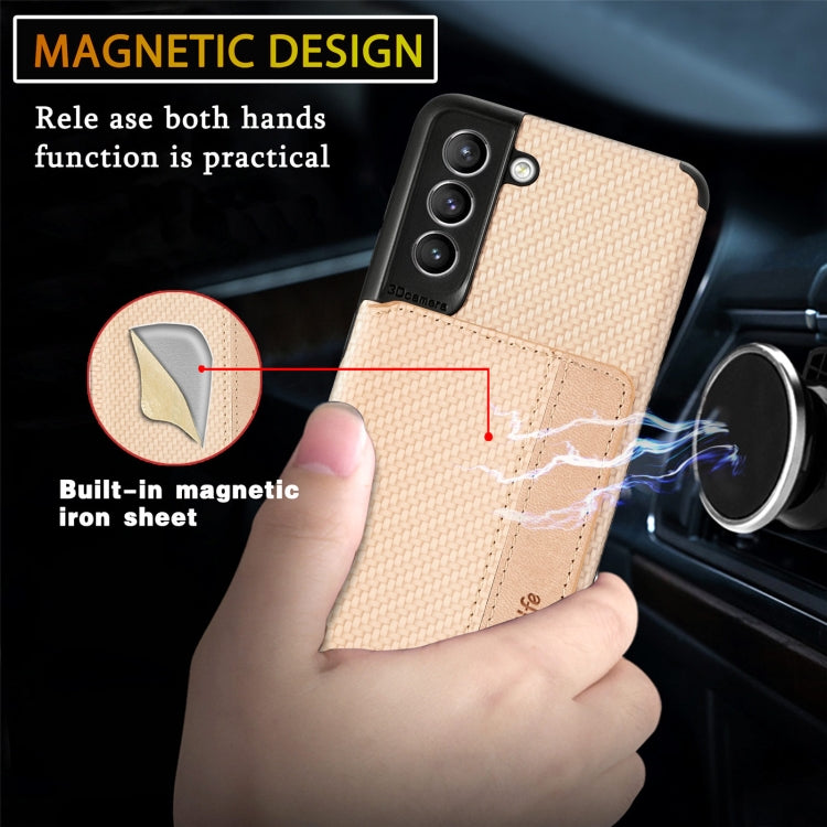 For Samsung Galaxy S21+ 5G Carbon Fiber Magnetic Card Bag TPU+PU Shockproof Back Cover Case with Holder & Card Slot & Photo Frame